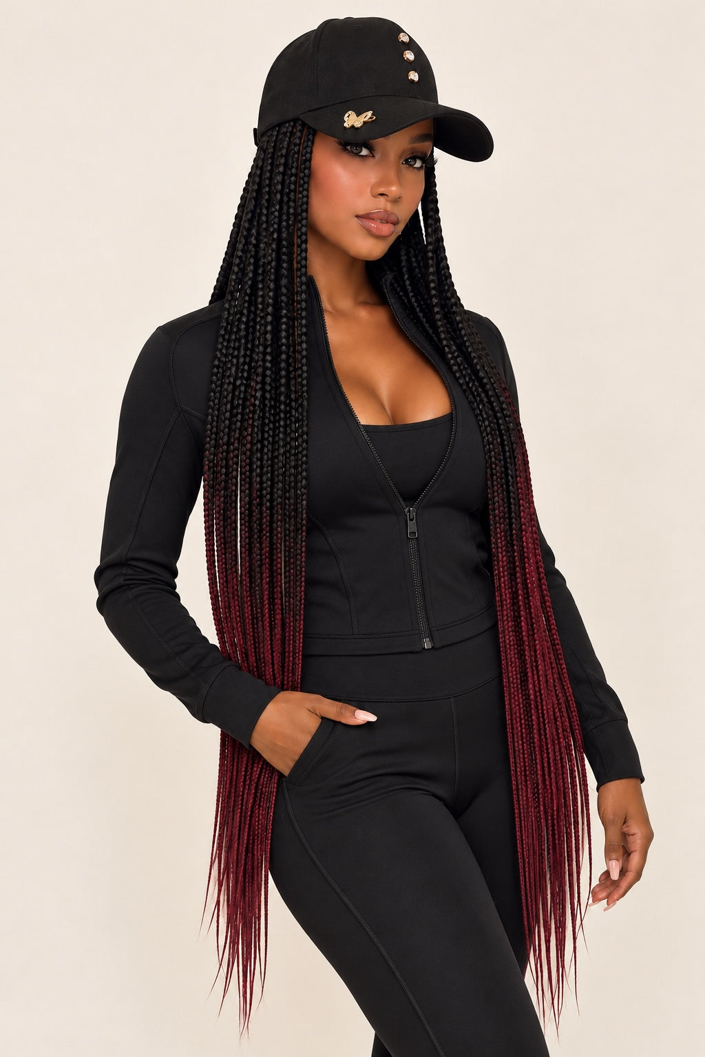 Crowned & Braided™ Black-to-Burgundy Ombré Braid Hat — front view