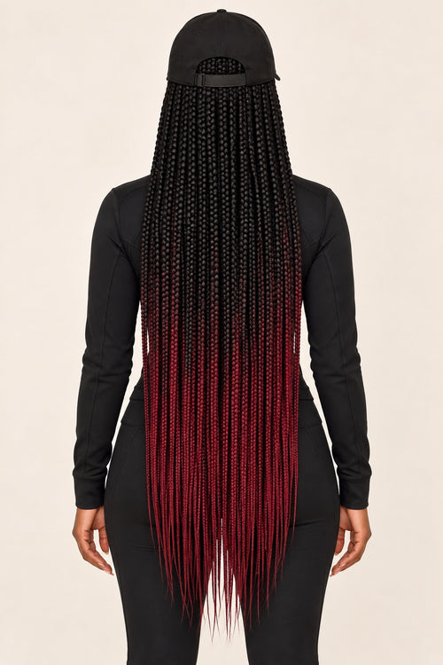 Crowned & Braided™ Black-to-Burgundy Ombré Braid Hat — back view