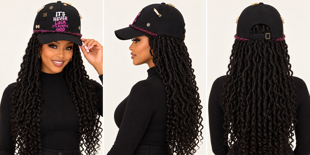 Lela modeling the black braid hat with all-black curly extensions, front side and back views