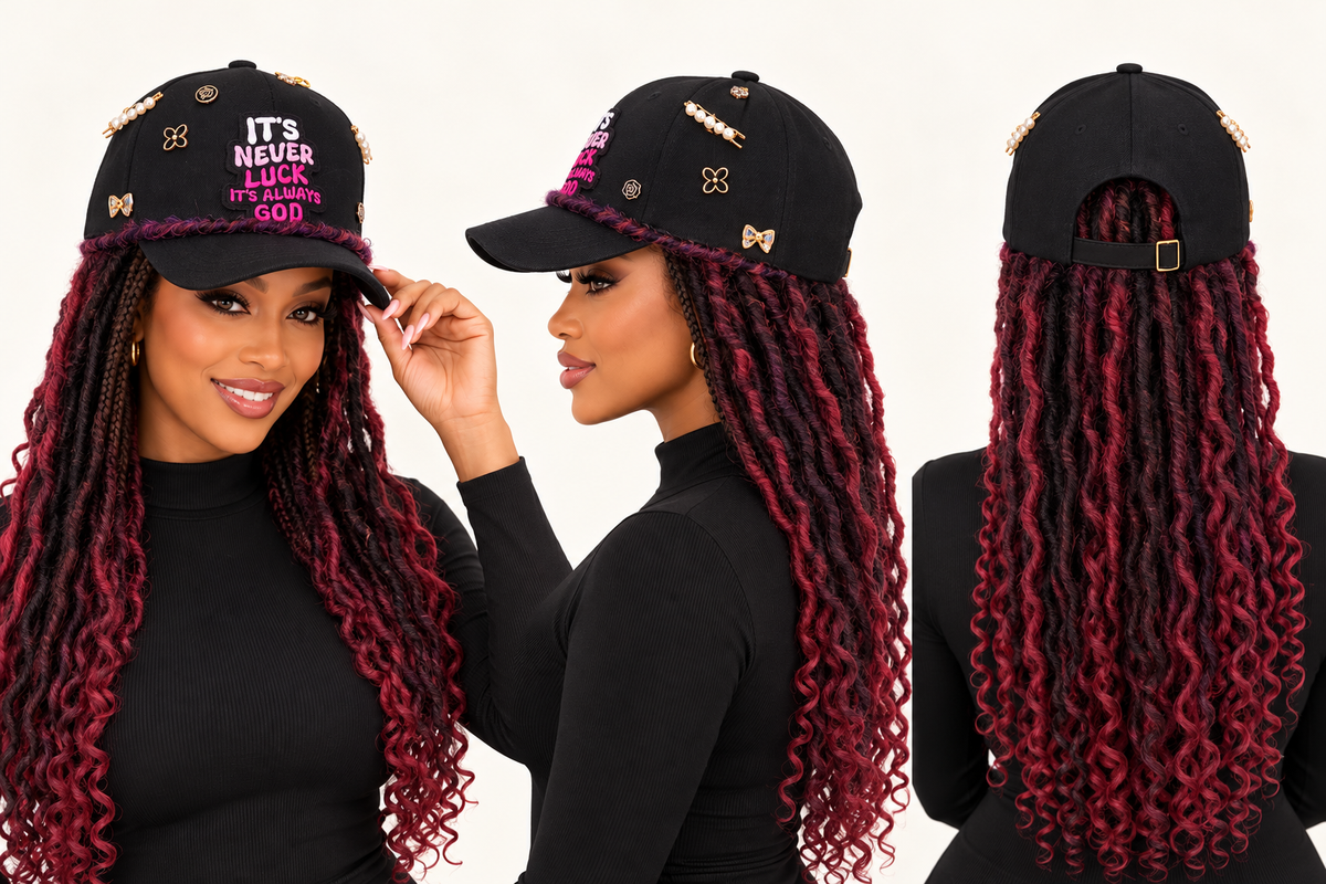 Lela wearing the faith-message braid hat, front, side and back views