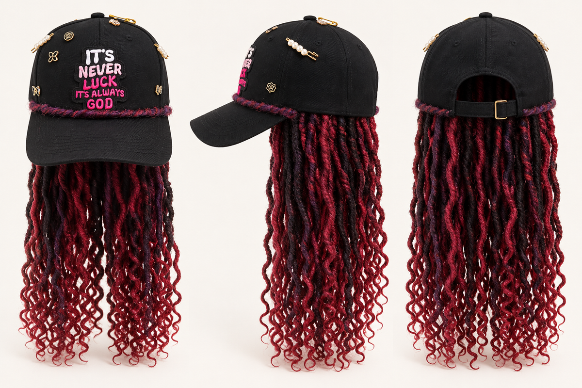 Product gallery showing front, side and back of black braid hat